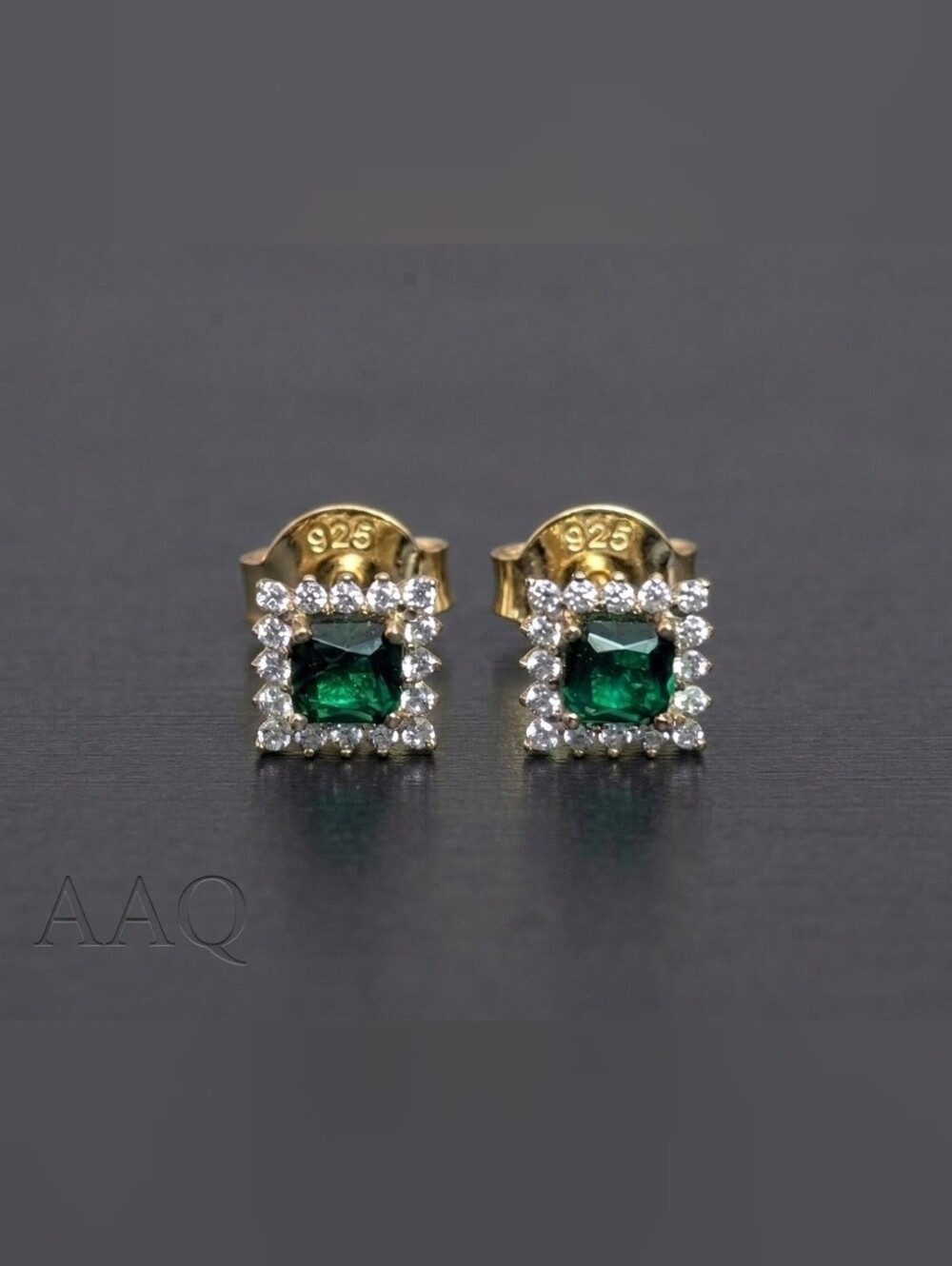 7mm Green Nano Emerald Square Halo Studs 18K Gold Vermeil 925 Silver | AAQuatif - Picture 7 of 9